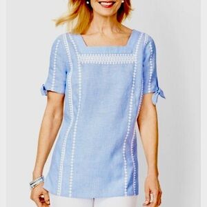 Talbots XL Blue Square Neck Embroidered Tie Sleeve 100% Linen White Diamond